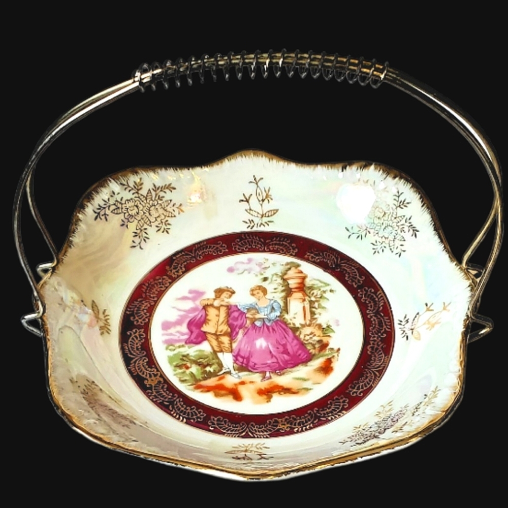 Vintage Lusterware Candy Dish w/ handle Iridescent  Porcelain Made in Japan